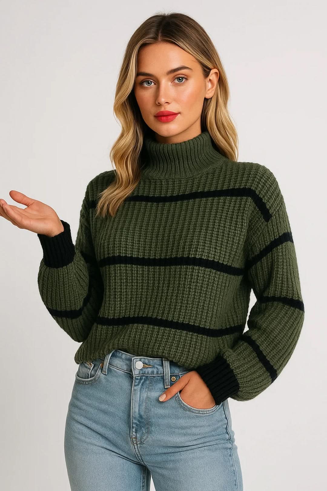 SERELLE | STAND COLLAR STRIPED SWEATER